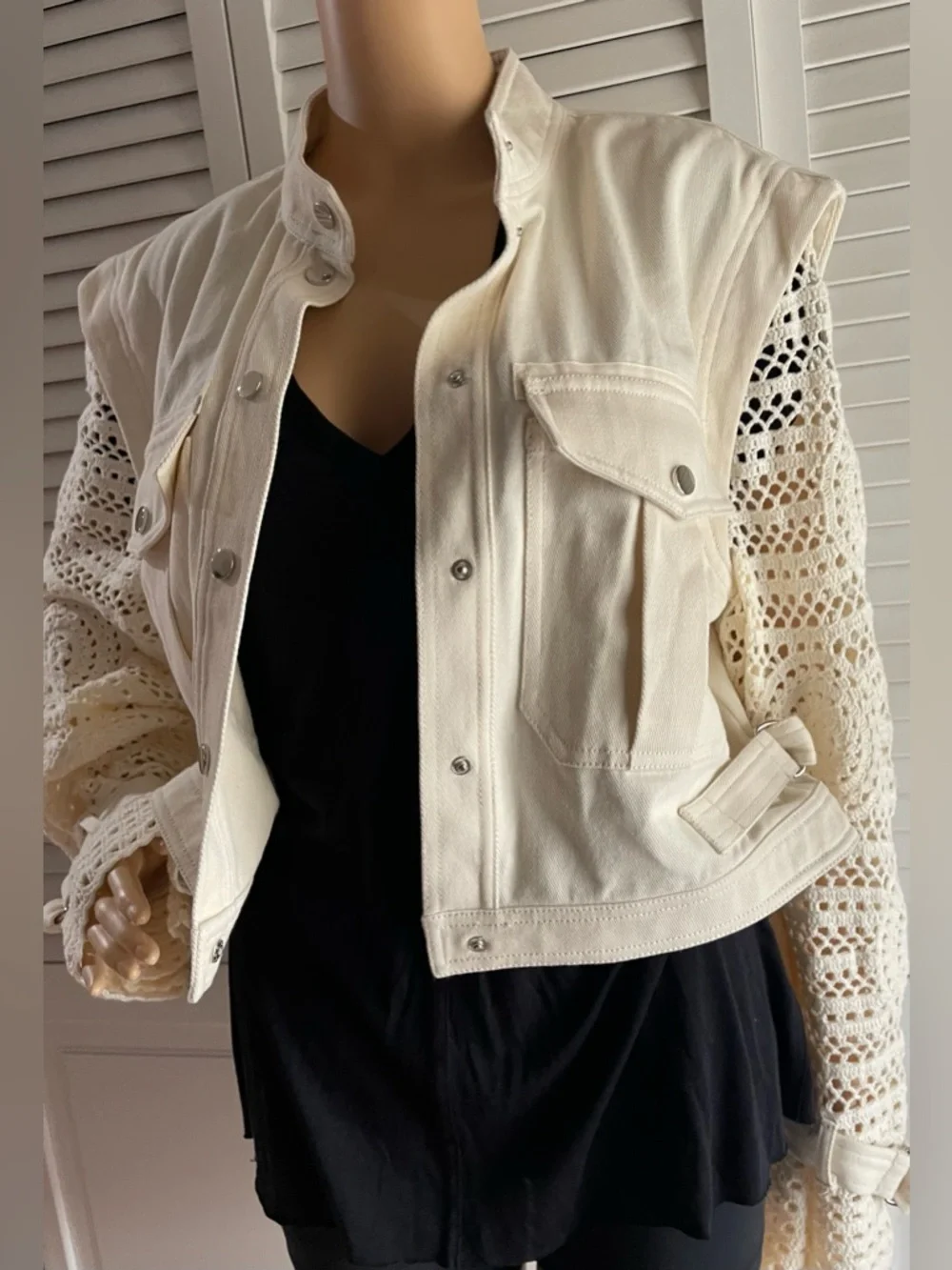 Veronica Beard Cream Crochet-Sleeve Jean Jacket - Picture 9 of 9
